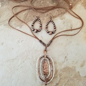 Copper Tone Oval Necklace and Beaded Earrings Set